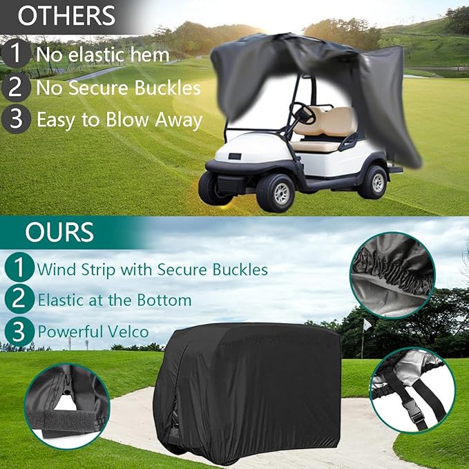FLYMEI Golf Cart Cover Waterproof, 420D Fabric Universal Fits for Most Brand 2/2+2/4/4+2 Passengers Yamaha, Honda, Club Car, EZGO Golf Cart