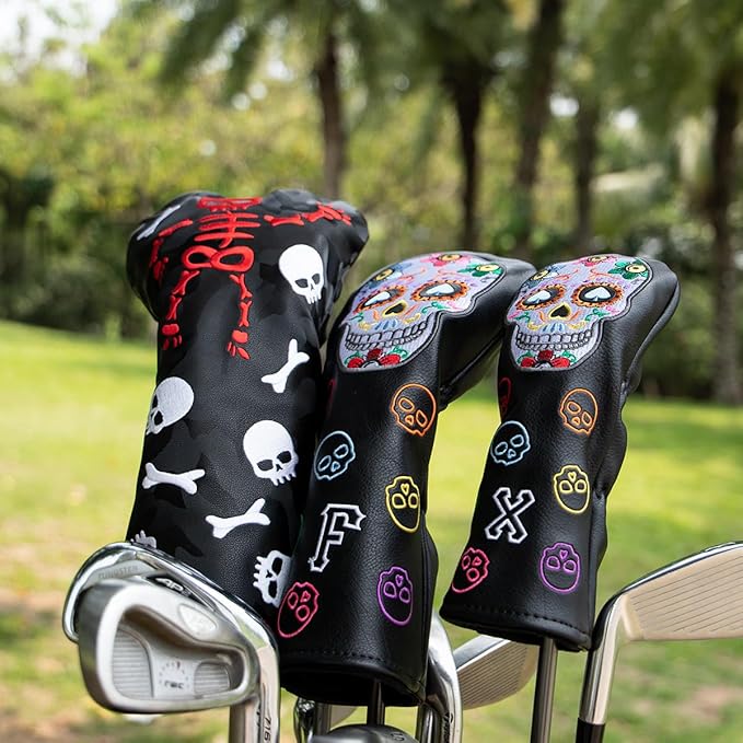 Montela Golf Club Covers,Colorful Skeleton Putter Cover Driver Covers Fairway Wood Headcover Hybrid Cover Leather Blade Putter Headcover Mallet for Brand