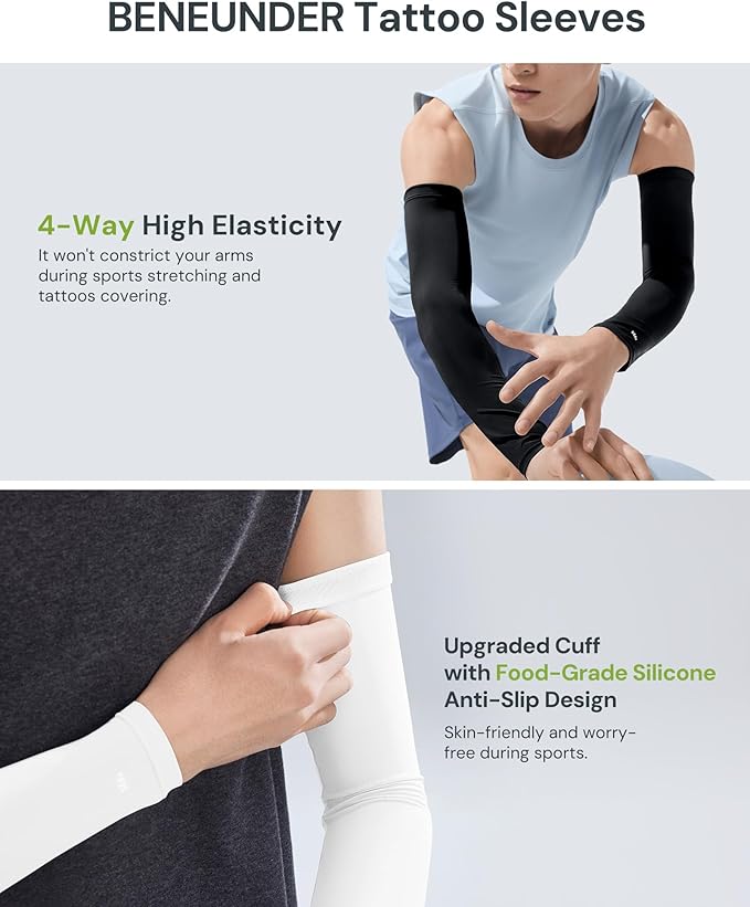 BENEUNDER UPF 50+ Arm Sleeves for Men Women Cooling UV Sun Protection Sports Compression Tattoo Cover Up