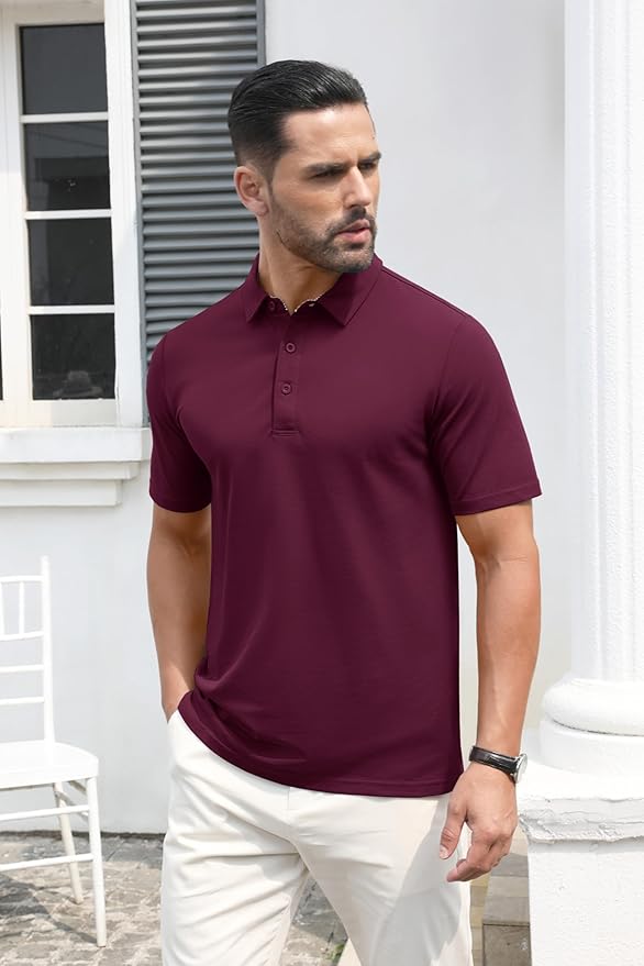 MAGCOMSEN Men's Polo Shirts Short Sleeve Cotton Pique 3 Button Classic Fit Casual T-Shirt Performance Golf Shirts