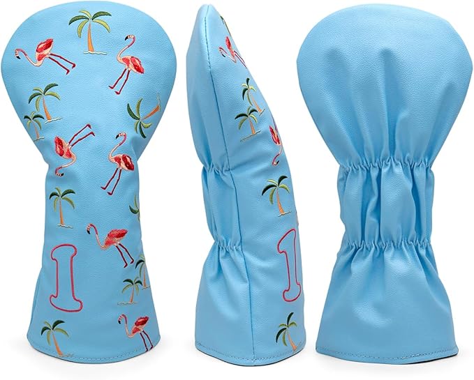 Golf Club Head Covers Golf Driver Fairway Hybrid Head Cover Flamingo Design Premium Leather Waterproof Driver Fairway(FW) Wood Hybrid(UT) with Number Tags 3 Wood Headcover