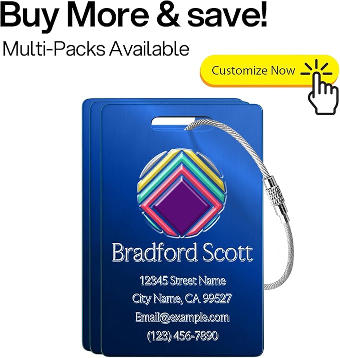 Personalized Luggage Tags - Custom Metal Luggage Tags for Suitcases, Backpacks and Bags with Your Personalized Club Logo Text (Blue)