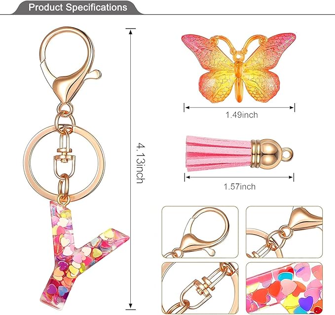 JINGUAZI Initial letter Keychains for Women Tassel Butterfly Pink Purple Cute Car Keychain for Wallet Backpack bag charm
