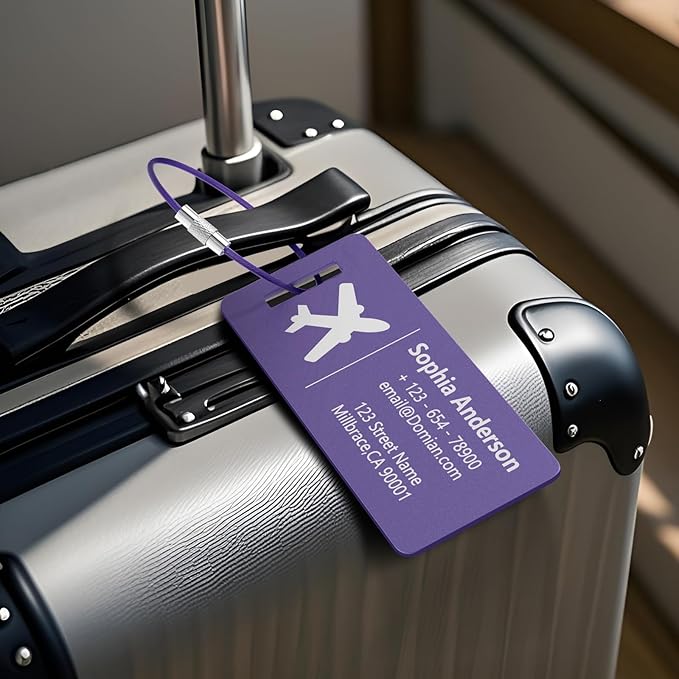 10 Personalized Metal Luggage Tags, Custom Suitcase Aluminum Name Tags with Steel Ring, Laser Engraved Name and Logo, for Travel, Backpack, Baggage, Golf Bag (Purple)