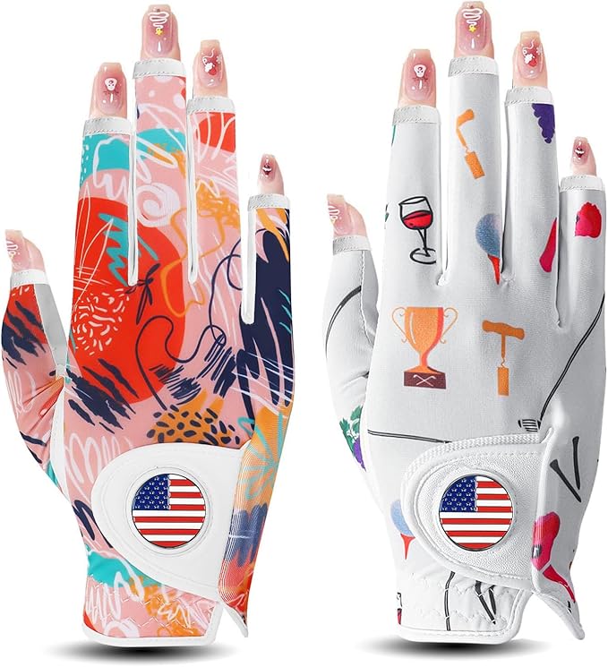 Golf Gloves Women with Ball Marker 2 Pack, Right Handed Golfer Left Hand, Ladies Breathable Soft All Weather Grip Glove Fit Size Small Medium Large XL