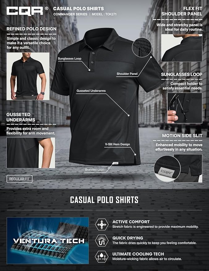 CQR Men's Polo Shirts, Tactical Short Sleeve Golf Performance Shirts, Lightweight Dry Fit UPF 50+ Pique