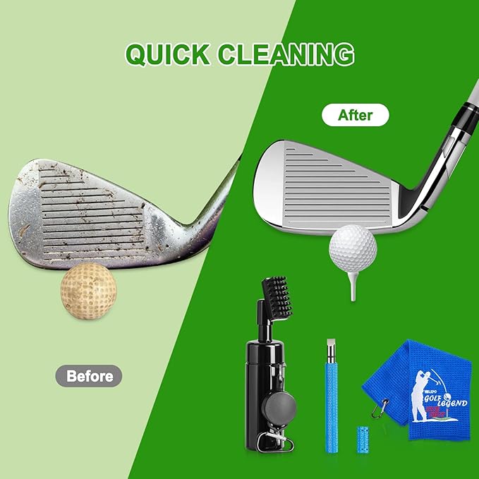 welspo Golf Club Cleaner with Water-Retractable Clip Holds 5oz of Water, Golf Towel, Essentials Golf Accessories Kit with Golf Groove Sharpener Tool, Divot Repair Tool with Ball Marker for Men/Women