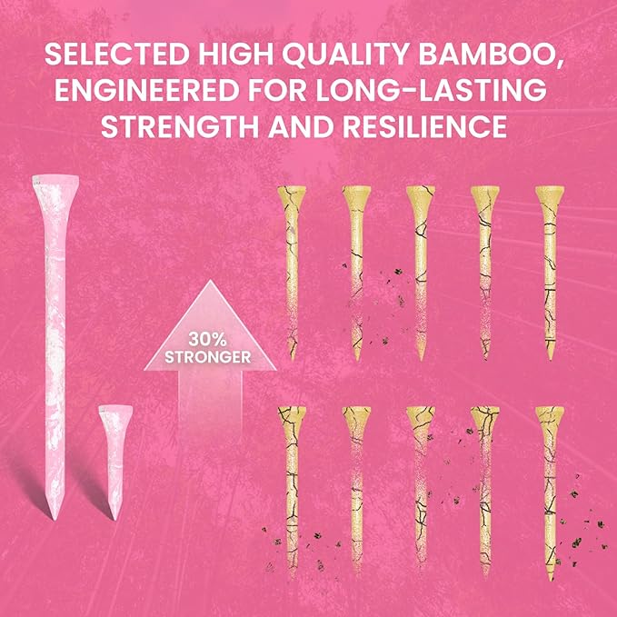 Golf Tees Styllish Bamboo Wooden Coloured Painted 50 Pack, 2 3/4 or 3 1/4 Inch Tee with 10 More Short 1 1/2 Inch Driving Range Tees, Enhanced Visibility Pink Green for Men Women