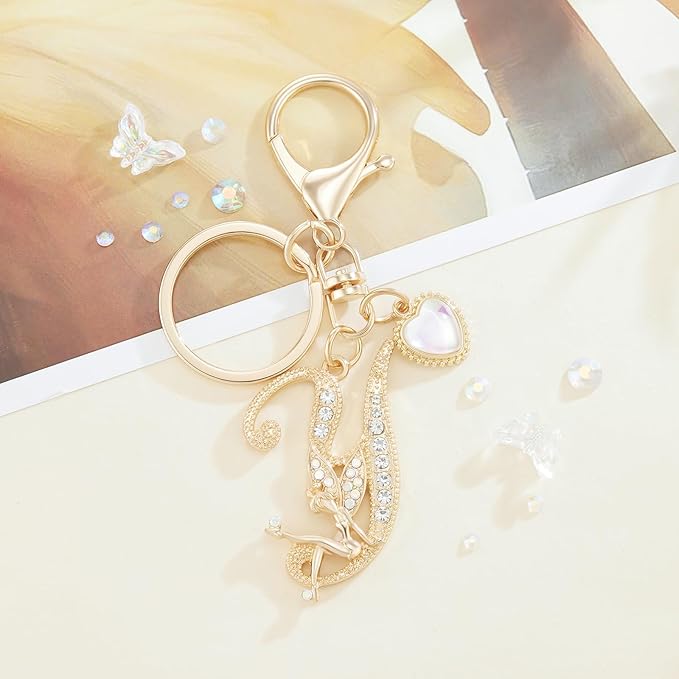 Gold Plated Alphabet Initial Letter Keyring Keychain for Women Girls Crystal Key Chains for Wallet Backpack Bag Charm