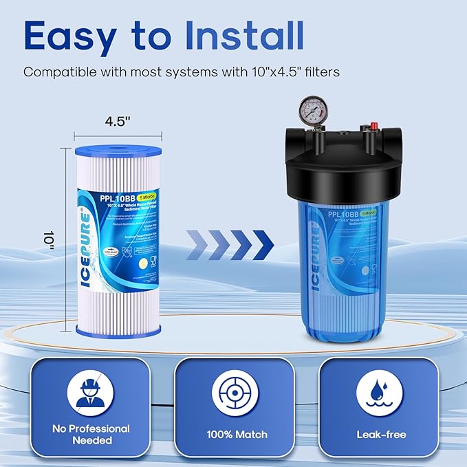 ICEPURE 5 Micron 10" x 4.5" Whole House Sediment Pleated Water Filter Replacement for GE FXHSC, Culligan R50-BBSA, Pentek R50-BB, DuPont WFHDC3001, W50PEHD, GXWH40L, GXWH35F for Well Water, 3PACK