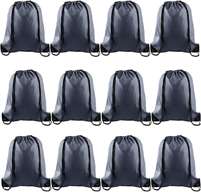 KUUQA 12 Pcs Drawstring Backpack Bags Bulk Gray Drawstring Bag Foldable Gym Bag Sports Cinch Sack String Backpack Storage Bags for Women Men Shopping Gym Travel Sports
