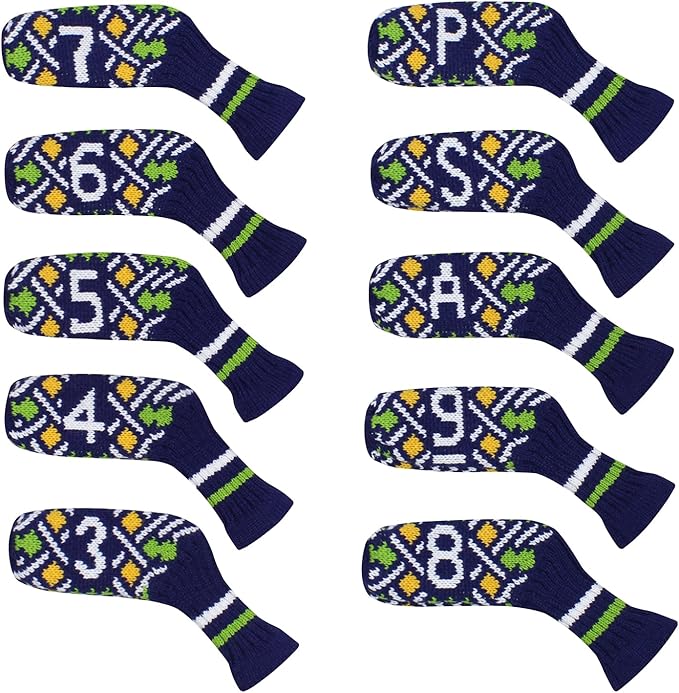 Scott Edward 1/7/10 Pcs Knitted Golf Club Head Covers for Irons Wedge Cuteness and Basically Socks Shape Washable Golf Club Head Protector on Pattern Style Double Sided Customized