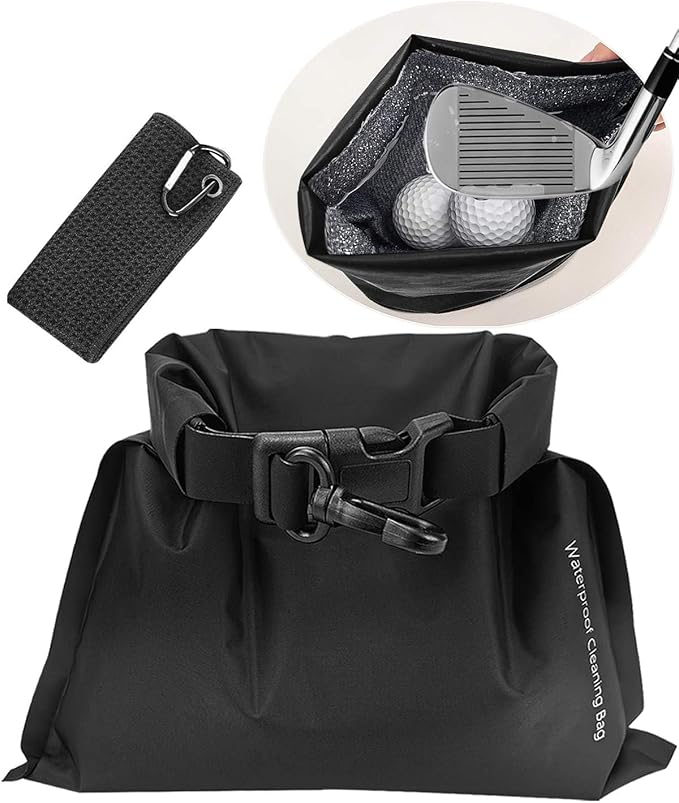 Golf Club and Ball Cleaning Pouch with Attached Towel, Waterproof Cleaning Bag for Cleaning Club Grooves, can Store Water, Detachable Clip