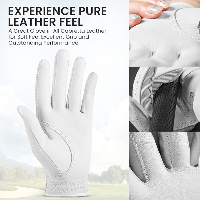 Womens Golf Glove with Clover Ball Marker 1 Pack, All Weather Grip Microfiber & Leather Gloves for Ladies, Comfortable Breathable Fit for Left Hand or Right Hand in White Pink
