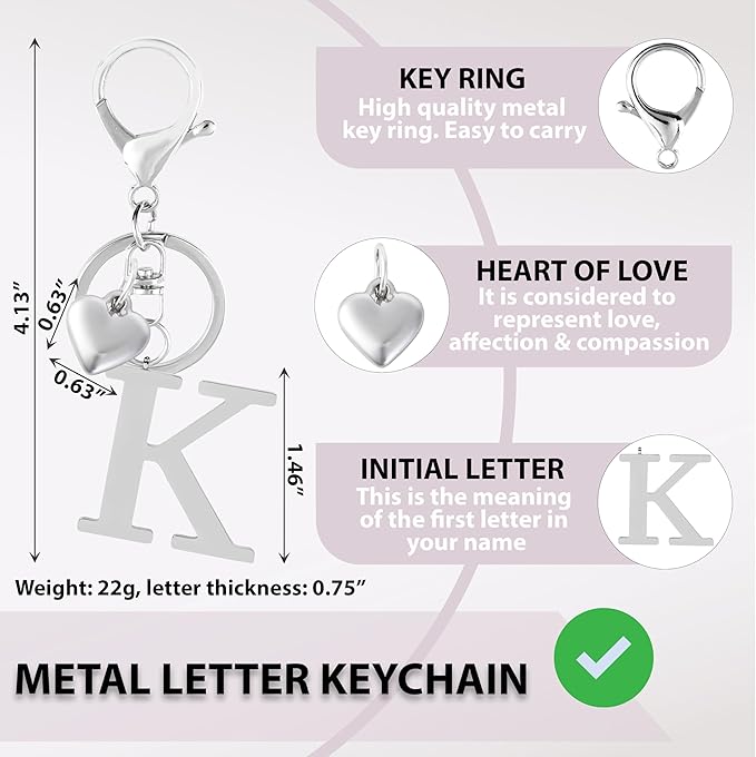 Metal Heart Alphabet Keychain for Women, Girls - Cute Initial Letter Accessories for Purse, Bag Charms and Backpack