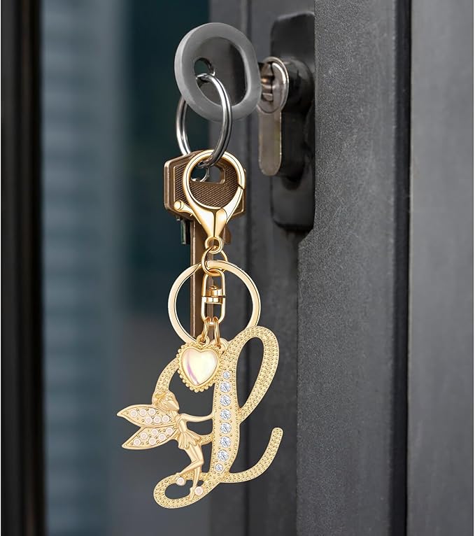 Gold Plated Alphabet Initial Letter Keyring Keychain for Women Girls Crystal Key Chains for Wallet Backpack Bag Charm