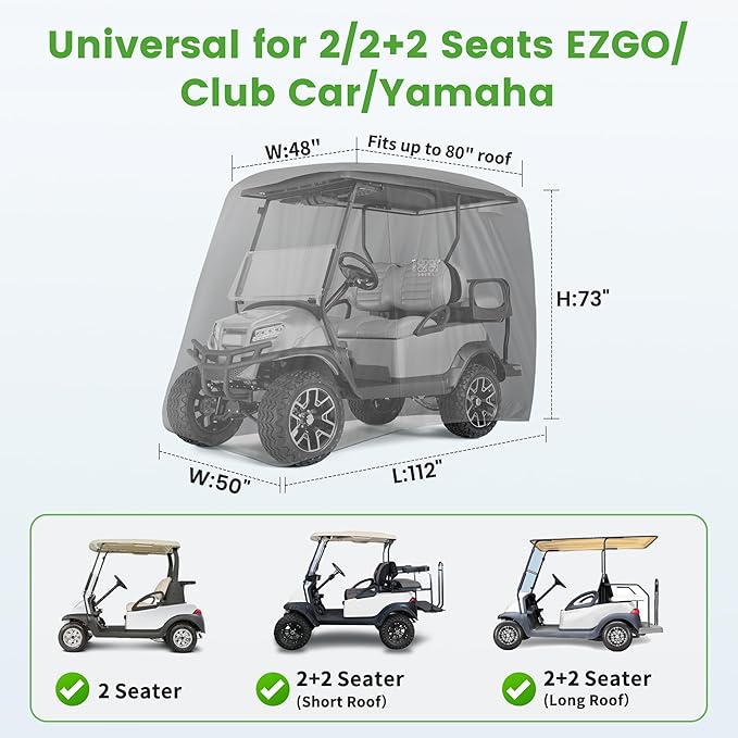 10L0L 2/4/4+2 Passenger Golf Cart Cover Upgrade Extended Roof, 600D Waterproof Snowproof Windproof Sunproof Durable Full Golf Cart Covers for Yamaha,EZGO,Club Car and Other