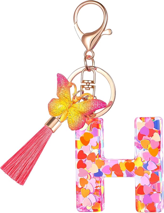 Suweibuke Colourful Cute Initial Letter Keychains for Women Girls with Tassel Butterfly, Charm for Purse Handbags Backpacks