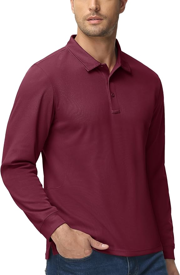 MAGCOMSEN Men's Polo Shirts 3 Button Quick Dry Performance Long Sleeve Tactical Shirts Pique Jersey Golf Shirt
