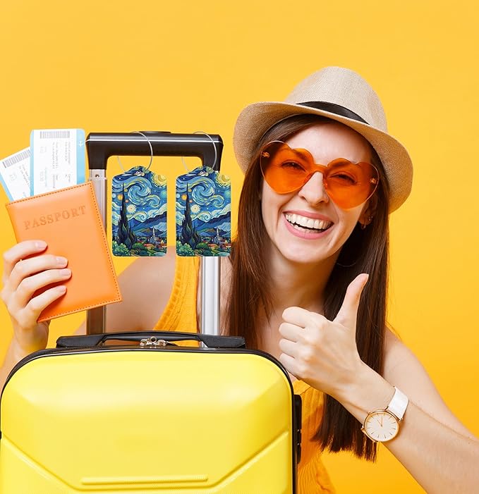 TSA Approved Luggage Tags for Suitcases Cartoon Van Gogh Starry Night 2 Pack Funny Leather Carnival Cruise Airport Cute Travel Name Tags Golf Bag tag Ships Privacy Cover ID Label for Women Men