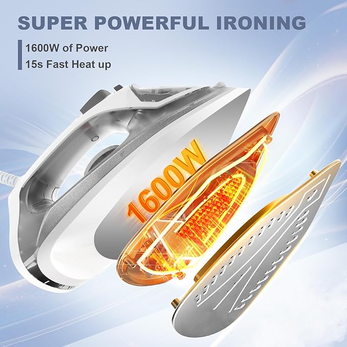 OSTBA 1600W Steam Iron for Clothes with Rapid Heating Nonstick Soleplate, 300ml Water Tank, Precise Thermostat Dial, Self-Cleaning, Anti-limescale, Drip Stop Function Clothes Iron