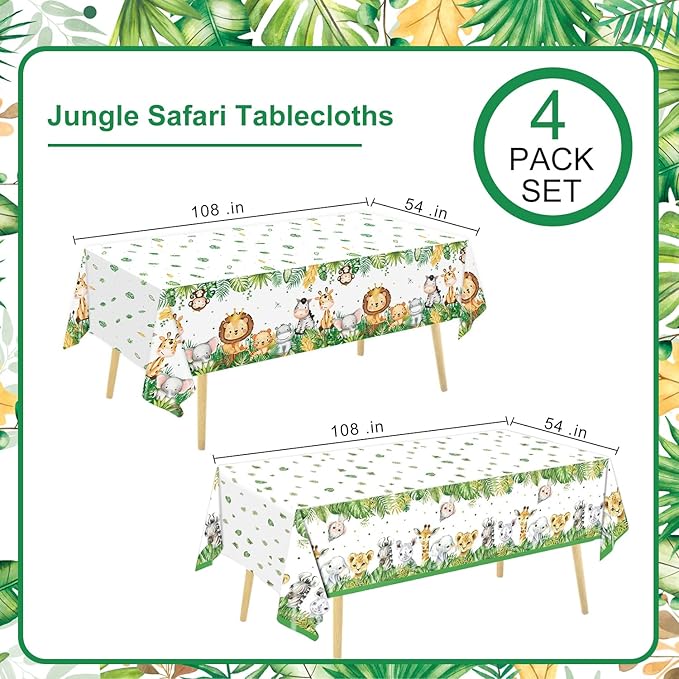 4 Pack Jungle Safari Tablecloths, Wild One Table Cover, Animals Plastic Plastic Table Cloth for Sage Green Safari Baby Shower Decorations, 108×54 Inch