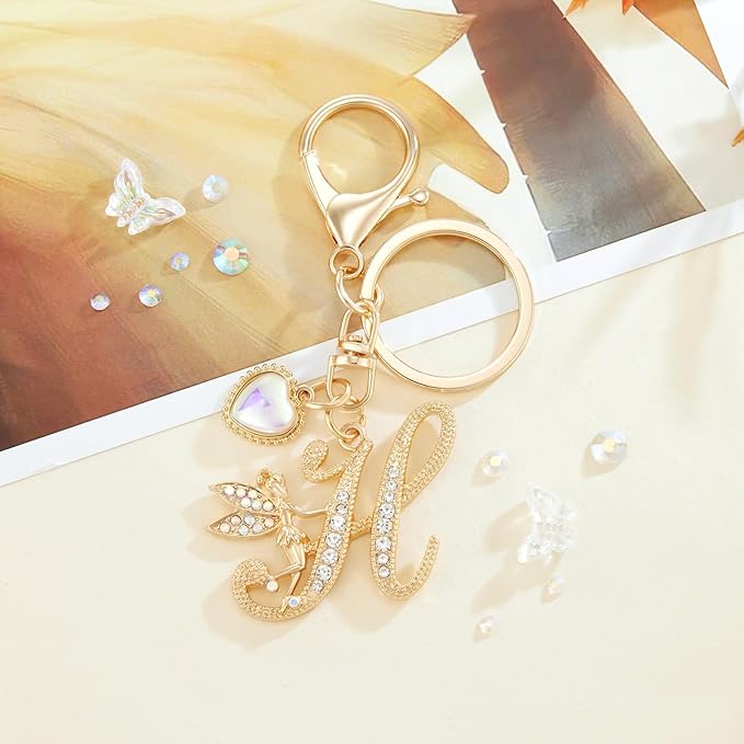 Gold Plated Alphabet Initial Letter Keyring Keychain for Women Girls Crystal Key Chains for Wallet Backpack Bag Charm
