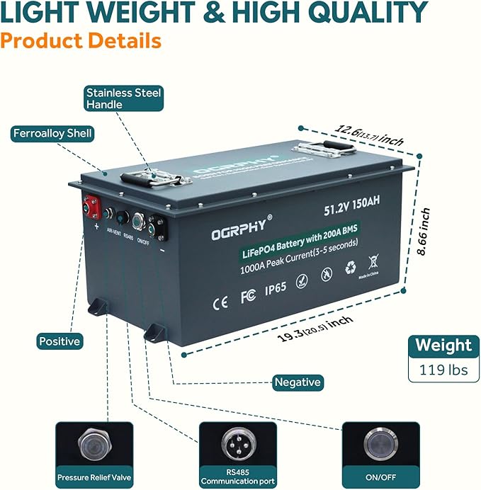 48V 150AH Lithium Golf Cart Battery with Charger, Built in 200A BMS with Touch Monitor & Mobile APP, 48V Lithium Battery with 1000A Peak Current, Max 10.24kW Output 70 Miles Range for Golf Cart