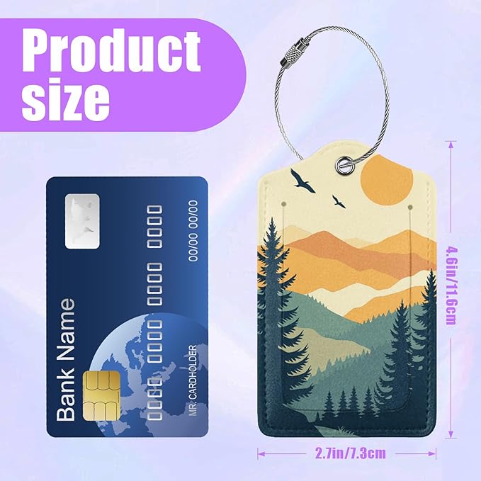 3 Pack Mountain Tree Luggage Tags for Suitcase Sunset Landscape PU Leather Travel Luggage Tag Privacy Cover ID Label for Women Men Baggage Backpack Handbag School Bag