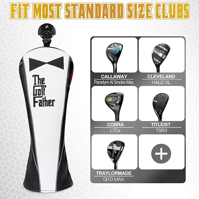 The Golf Father Golf Club Covers, Driver Fairway Hybrid Headcover, Funny Putter Cover Magnetic, Black & White Color Iron Covers,Golf Gifts for Men