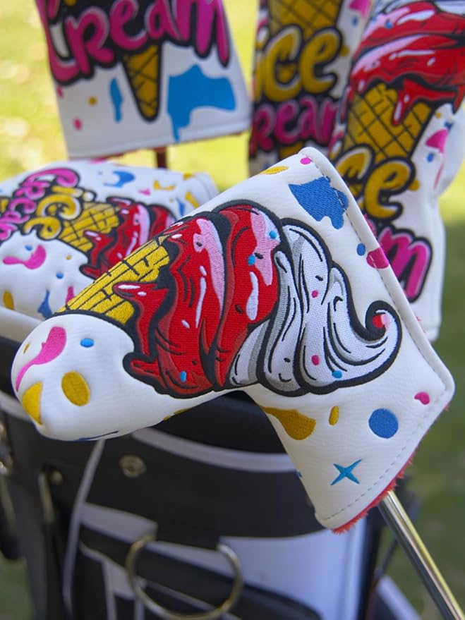 Golf Club Head Covers, Ice Cream Golf Headcovers for Drivers, Fairway Woods, Hybrids, Mallet Blade Putter Cover, Funny Golf Club Covers with Premium PU Leather and Advanced Embroidery for Most Brands