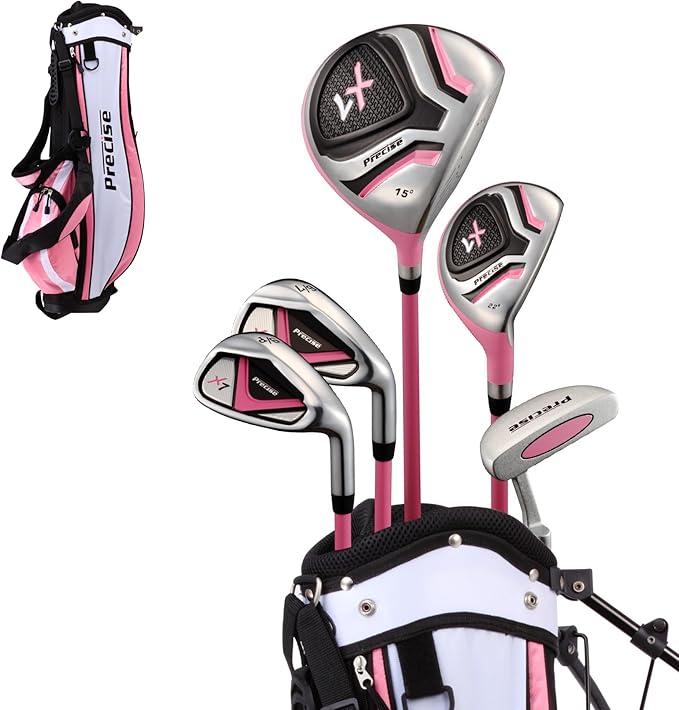 Precise X7 Kids Golf Clubs Set – Boys’ & Girls’ Junior Golf Set with Lightweight Graphite Shafts, Hybrid, Putter & Stand Bag