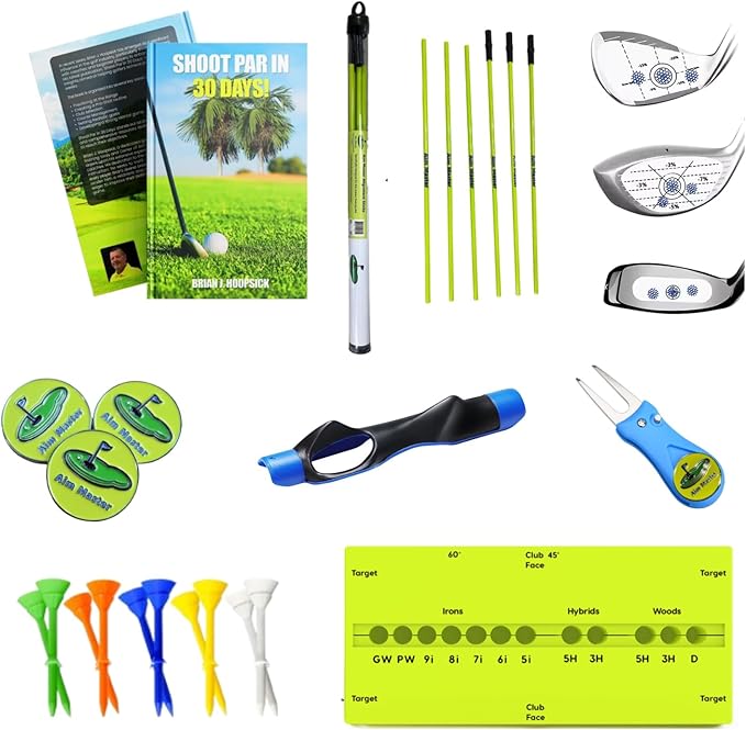 Complete Golf Training Kit with Alignment Sticks, Grip Trainer, Impact Stickers, Ball Markers, Tees, Training Aid, Repair Tool, Training Book, Yellow, ABS Plastic