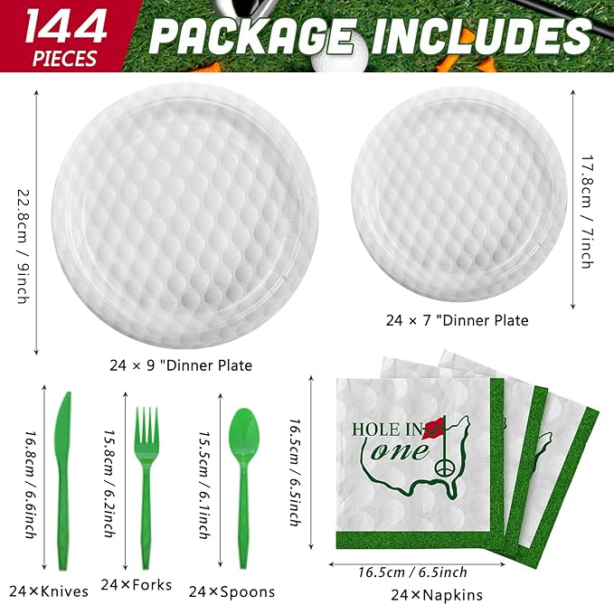144 Pcs 3D Golf Ball Party Supplies Paper Ball Plates and Napkins Dinnerware Set Tableware Supplies Includes Paper Plates Napkins Forks Serve 24 for Birthday Sports Party decorations