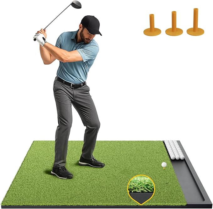 Golf Hitting Mat with Ball Tray, 5x4 / 6x4 ft, 26mm / 31mm Thick, Pro & Elite Turf with Swing Path Line, Premium Golf Practice Mat for Indoor & Outdoor Swing, Chipping, Training