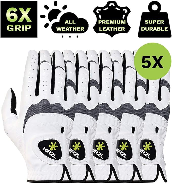 HIRZL Trust Hybrid – Men’s All Weather Golf Glove | Kangaroo Leather | Ultimate Grip and Ergonomic Fit, White/Black (Pack of 5)