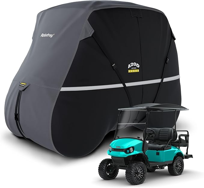 Rosefray Golf Cart Cover – Heavy-Duty 420D Oxford Fabric, Waterproof & Windproof Design – Fits Club Car, EZGO, Yamaha 2+2/4 Passenger Carts Black/Gray