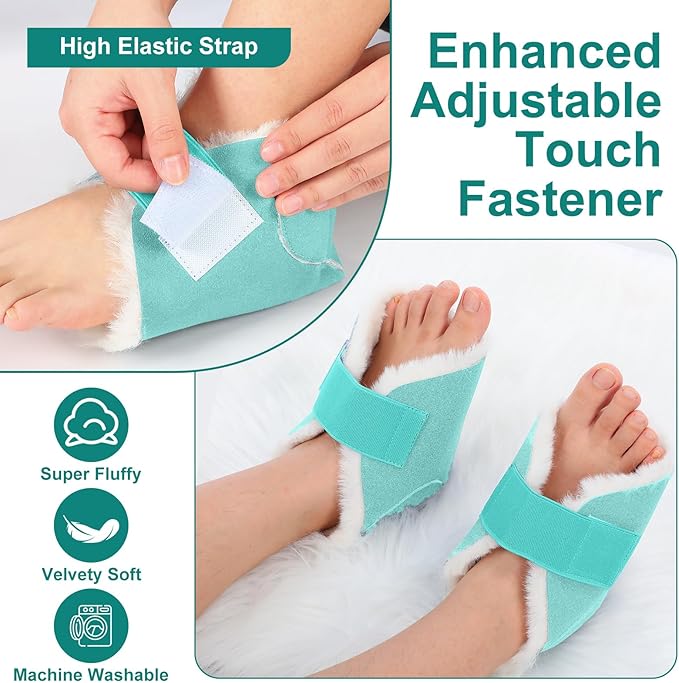 2 Pcs Heel Protectors for Pressure Sores Sheepskin Heel Pads Soft Foot Cushions Pad Protectors Adjustable Foot Pillows with Securing Strap for Bed Sore Ankle Ulcers(Teal)