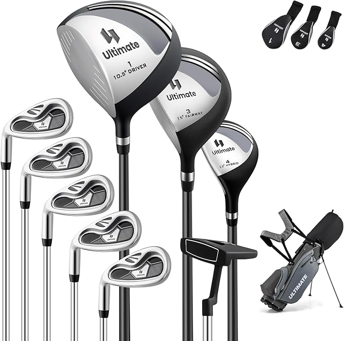 ULTIMATE Left Handed Golf Clubs for Men, 10pcs Men's Complete Golf Club Set Includes 460cc #1 Driver, #3 Fairway Wood, #4 Hybrid, #6/#7/#8/#9/#P Irons, Putter