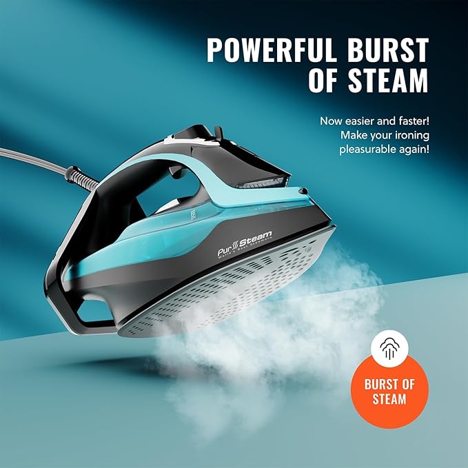 PurSteam SteamTech Elite 1750W Steam Iron, Digital Temp Control & LED Display, Ceramic Soleplate, Adjustable Steam, Self-Clean, Anti-Calc, Anti-Drip, Auto Shut-Off