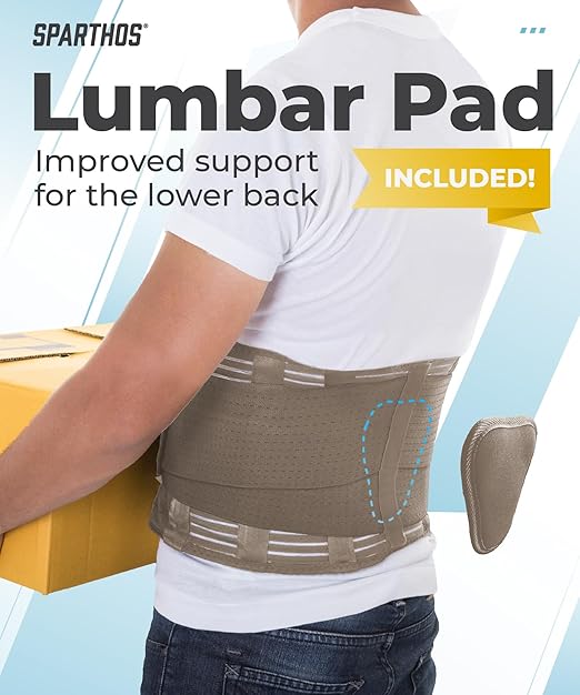 Sparthos Back Brace for Lower Back Pain - Immediate Relief from Sciatica, Herniated Disc - Lumbar Support Pad - For Home & Lifting At Work - For Men & Women - Fits 44–52″ Waist (Beige-L, Check Sizing)