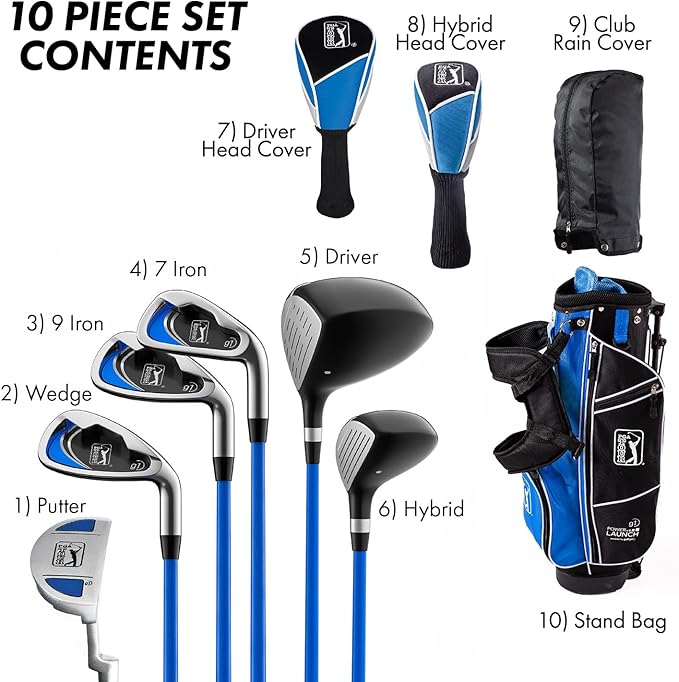 PGA Tour Youth Golf Club Set for Ages 8-12 (4’8”-5’2”) and 12+ (5’2”+), Right and Left-Handed Kids Golf Sets – Beginner Junior Golf Clubs with Lightweight Stand Bag, Mallet Putter, Hybrid, Driver