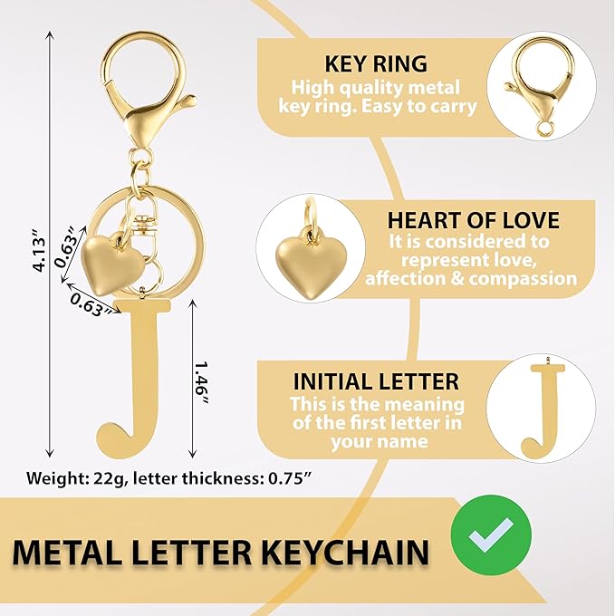 Metal Heart Alphabet Keychain for Women, Girls - Cute Initial Letter Accessories for Purse, Bag Charms and Backpack
