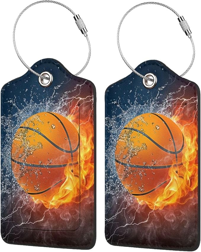 TSA Approved Luggage Tags for Suitcases Basketball Water and Fire 2 Pack Funny Leather Carnival Cruise Airport Cute Travel Name Tags Golf Bag tag Ships Essentials Privacy Cover ID Label for Women Men