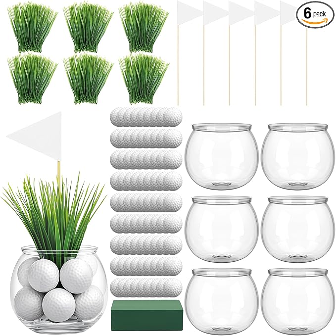 LemonRoad 6 Set Golf Party Centerpieces Table Decorations with Hollow Plastic Ball Artificial Grass Flag Flower Mud Sport Centerpiece Table Toppers for Golf Birthday Party Baby Shower Supplies