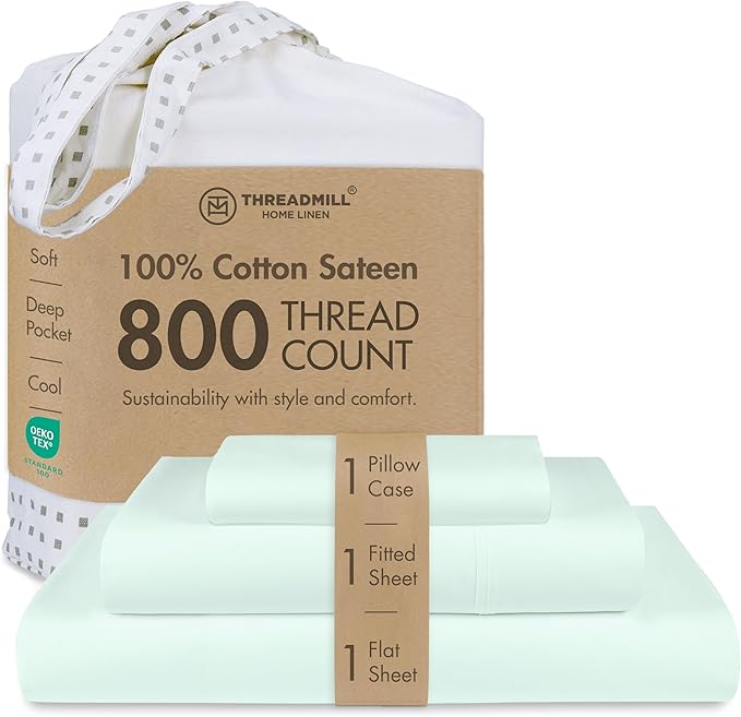 Threadmill Sheets for Twin Mattress | 800 Thread Count Twin Bed Sheets Set with 15” Deep Pocket | Sateen Weave, Better Than Egyptian Cotton, 3-Piece Bedding Set with Cooling Effect | Seaglass