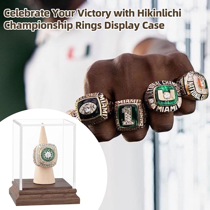 Championship Ring Display Case Baseball Softball Football Ring Holder Wanult Wood Base Acrylic Sports Ring Display Case Stand for Men Wooden Ring Box for Women Memorabilia Showcase Cube Collectibles