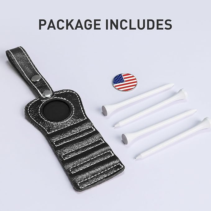 Golf Tee Holder with USA Ball Marker 4 Pcs White Wood Tees, Portable Hold Different Tee Leather Gift Hook Hanging Clip to Golf Bag Belt