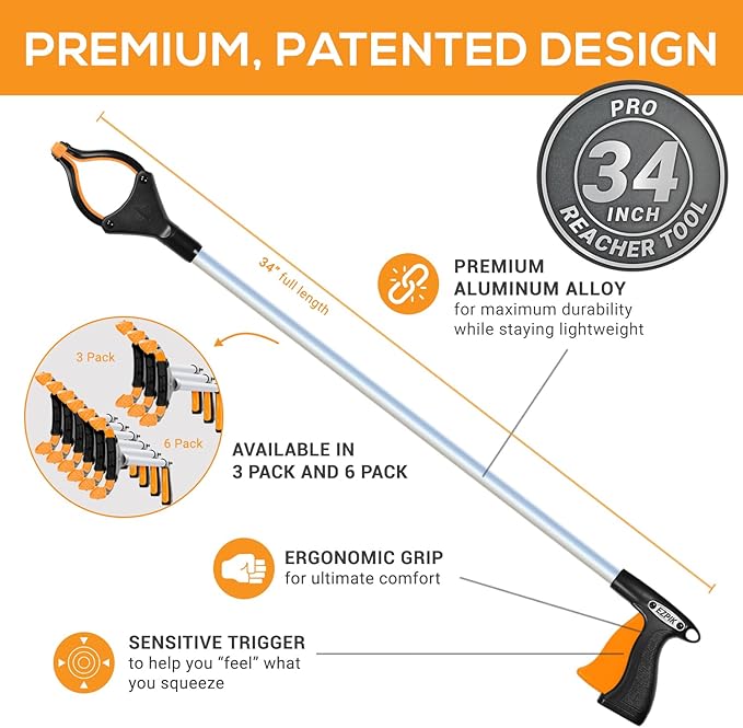 EZPIK Pro 34" Grabber Reacher Tool for Seniors - Grabbers for Elderly Reaching Tool Heavy Duty Pickup Trash Picker Upper Equipment - Claw Grabber Stick for Reaching Aids, Weed Gripper 6-Pack