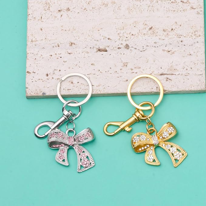 Sparkly Bow Bag Charm Keychain - Rhinestone Bow Key Chain for Women - Cute Purse Handbag Charms Accessories